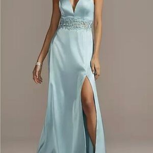 plunging-v embellished waist satin dress